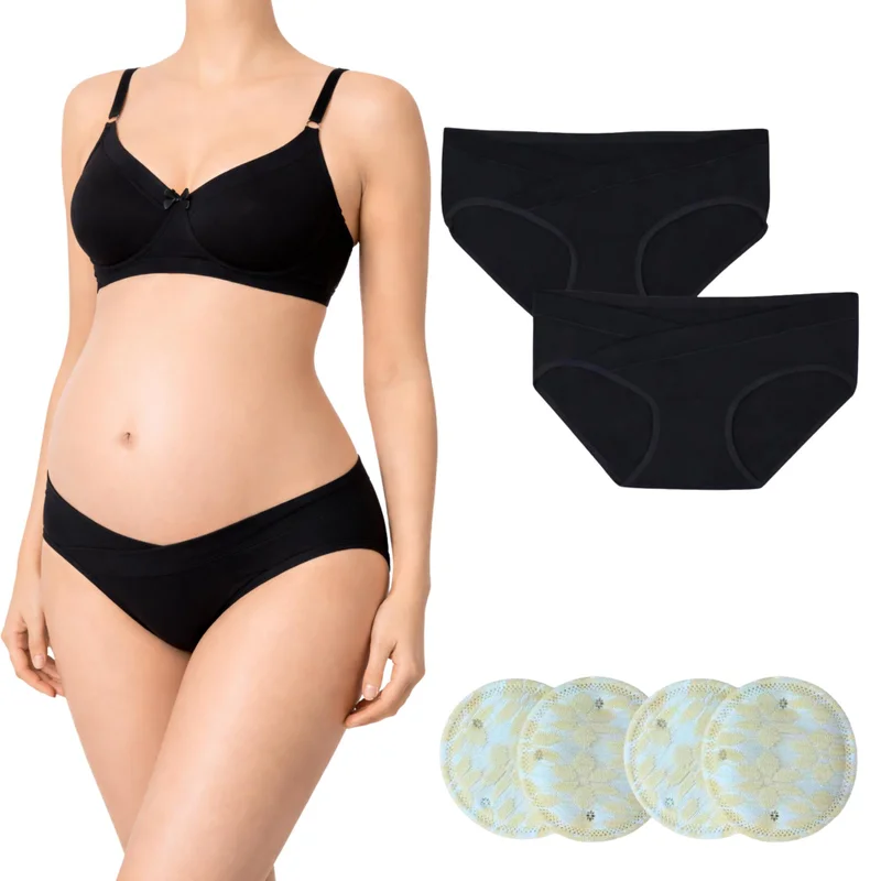 TUMMY TUMMY Maternity Combo Set | Bamboo Cotton 2-Low Waist Pregnancy Panty, 1-Non Padded Nursing Bra & 4pc-Reusable Nursing Breast Pads | Soft, Breathable Postpartum & Breastfeeding Essentials for New Moms